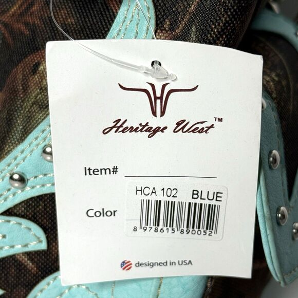 Heritage West Blue Green Camouflage Rhinestone Cross Western Double Strap Purse - Picture 5 of 13